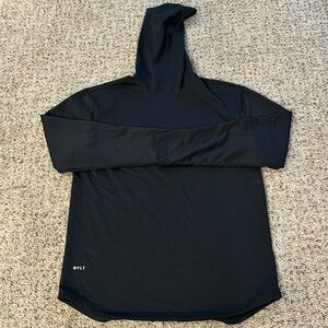 BYLT brand long sleeve shirt with hood. Curved hem.